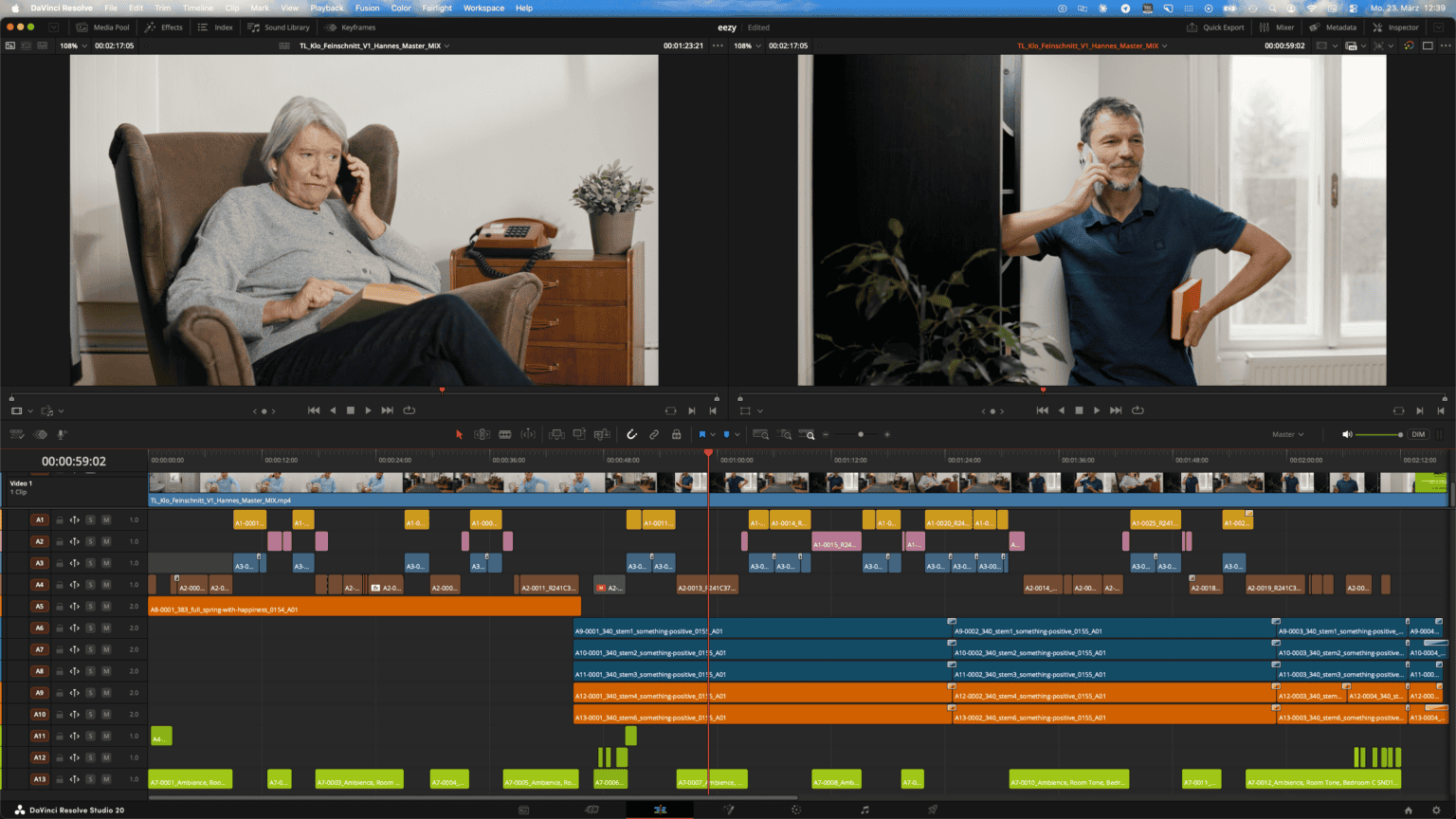 Der Schnittplatz von DaVinci Resolve mit Timeline, Vorschaufenstern und Tonspuren